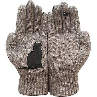 Women Warm Knitted Gloves, Cats Seeing Birds Stitching Print Full Fingers Winter Outdoor Thermal Mitten Glove