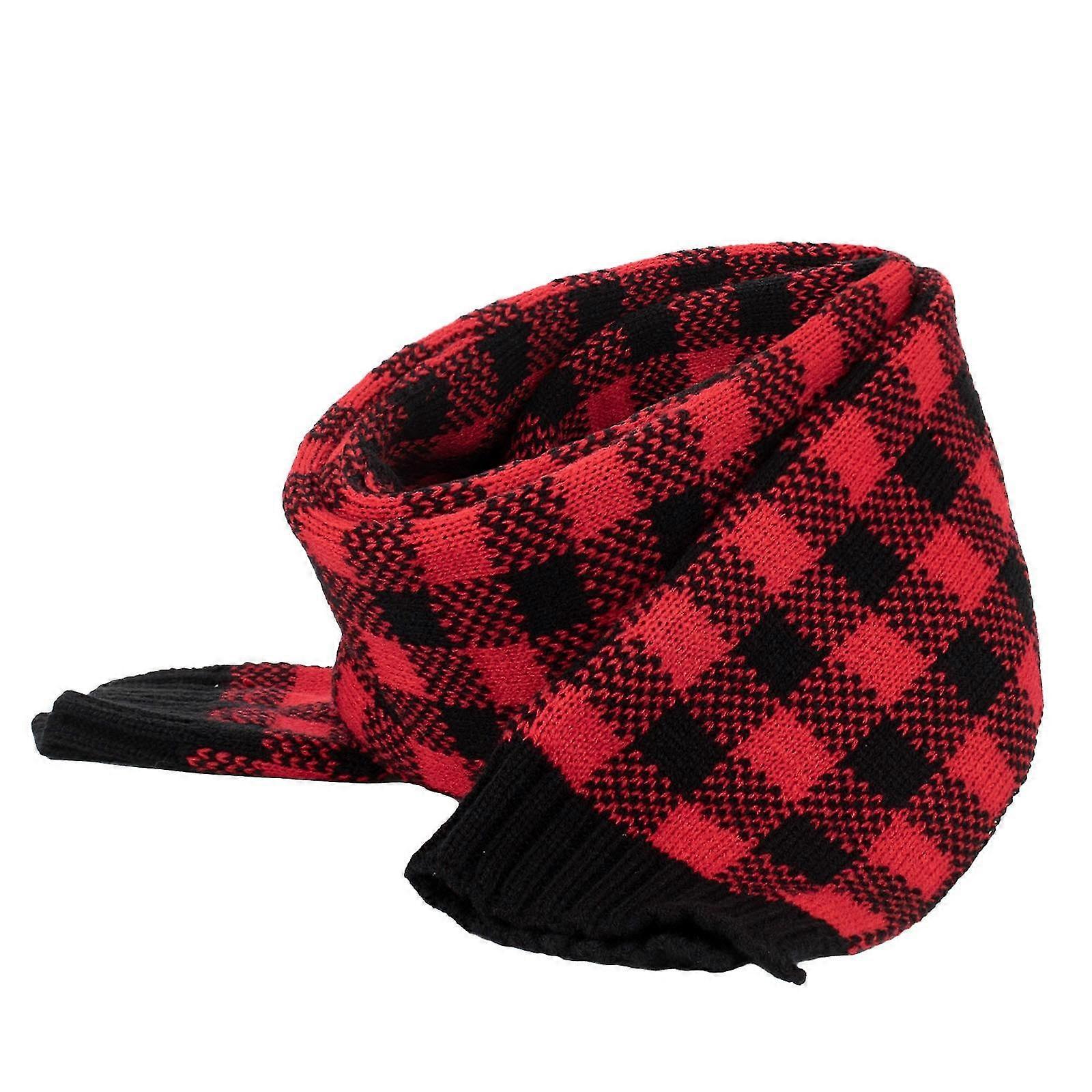 Unisex Red And Black Plaid Warm Knitted Winter Hat Pullover Hat Bib Set