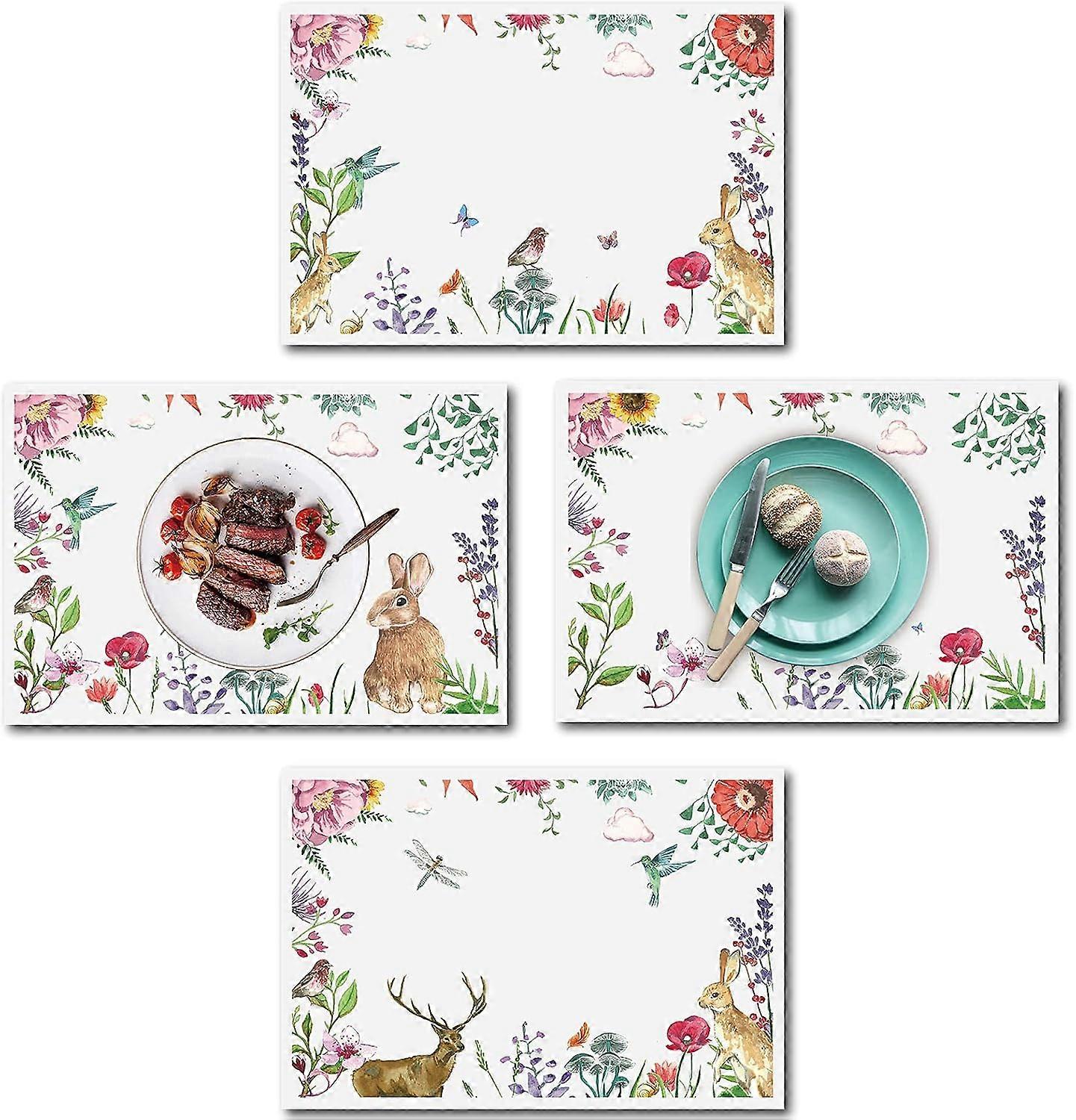 Easter Placemats Table Mats Rectangle Cotton Linen Tableware Pad Set of 4 Rabbit Bunny Sika Deer Spring Washable Heat Resistant Non-Slip for Dining Ta