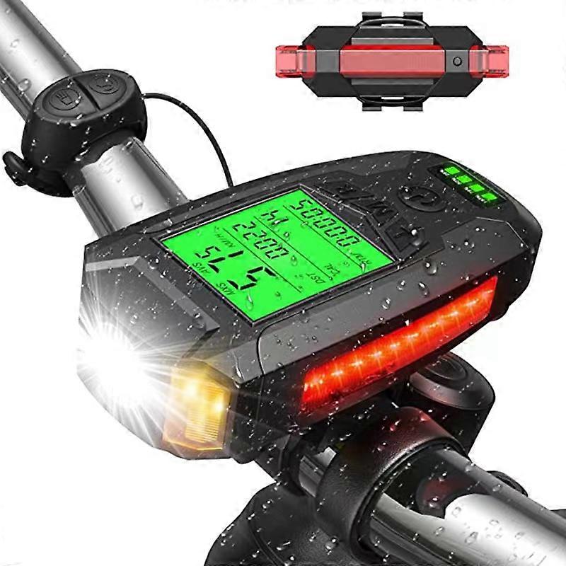 Set di luci per bici con tachimetro per bici, computer per bicicletta ricaricabile USB con campanello per bici, fari 5 modalità di illuminazione To...