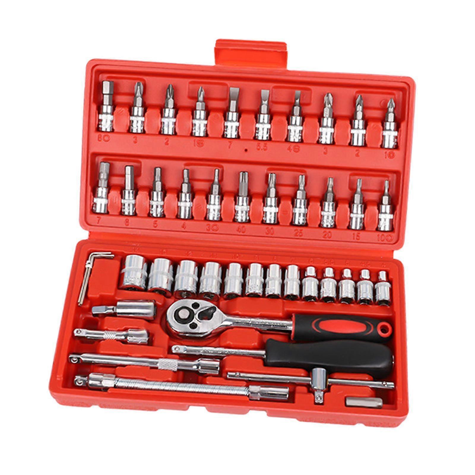 46Pcs Generic Socket Ratchet Wrench Set Screwdriver Drive Socket and Bit Set Red