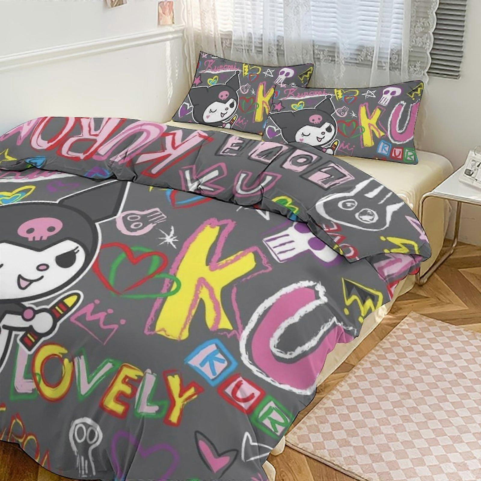 Ez105 Kuromi طباعة طقم مفروشات نمط لحاف كوف 3 قطع 1 غطاء لحاف و 2 غطاء وسادة للنساء والرجال والمراهقين أحجام متعددة للاختيار من بينها IU105