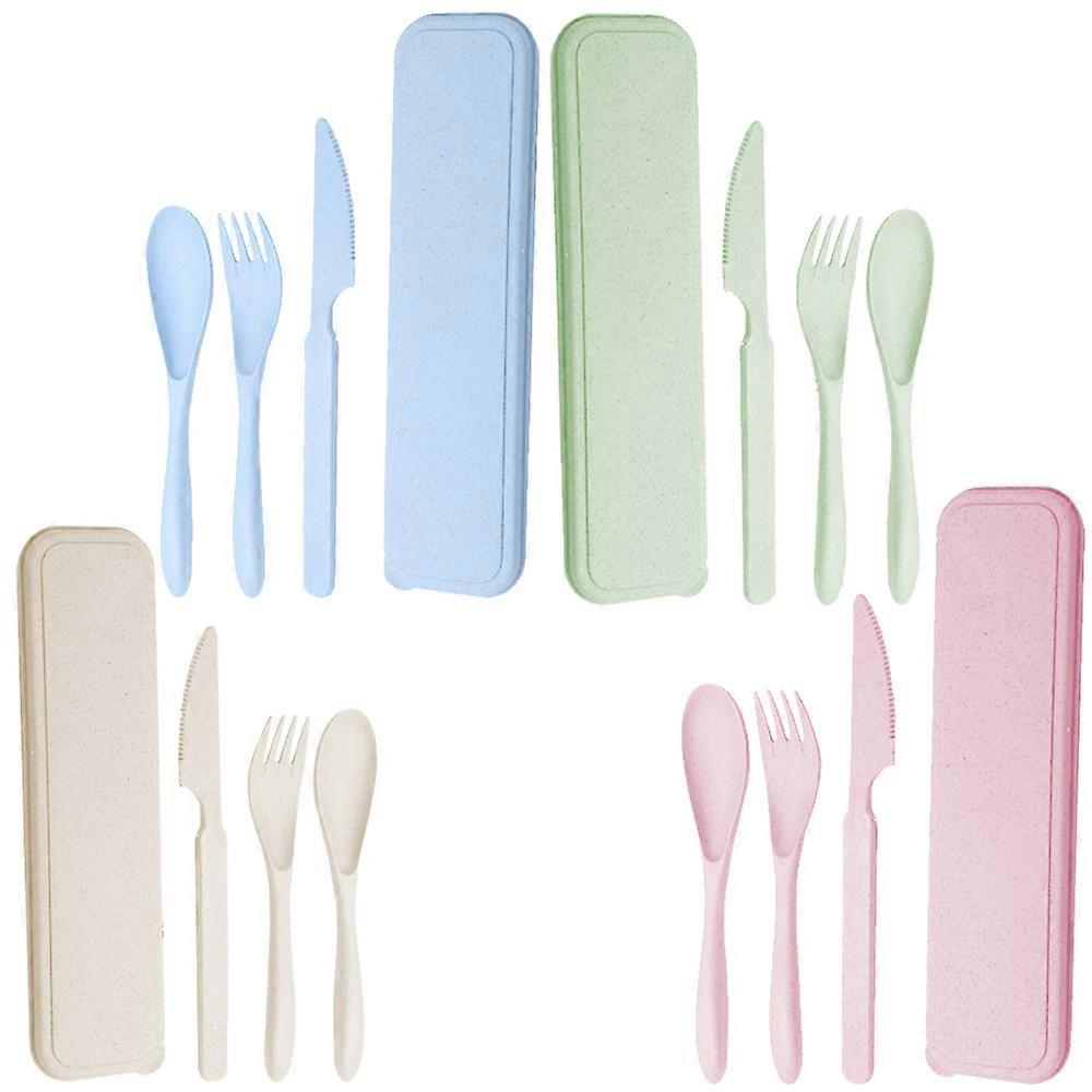 Travel Camping Reusable Utensils Set With Case, 4 Sets Wheat Straw Portable Utensils Set