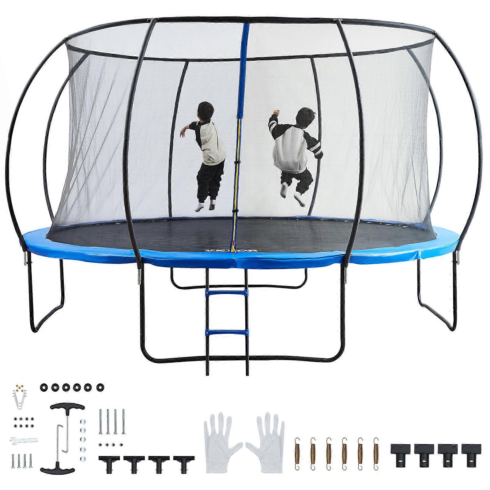 14FT Trampoline, 450 lbs Trampoline with Enclosure Net, Ladder, and Curved Pole, Heavy Duty Trampoline