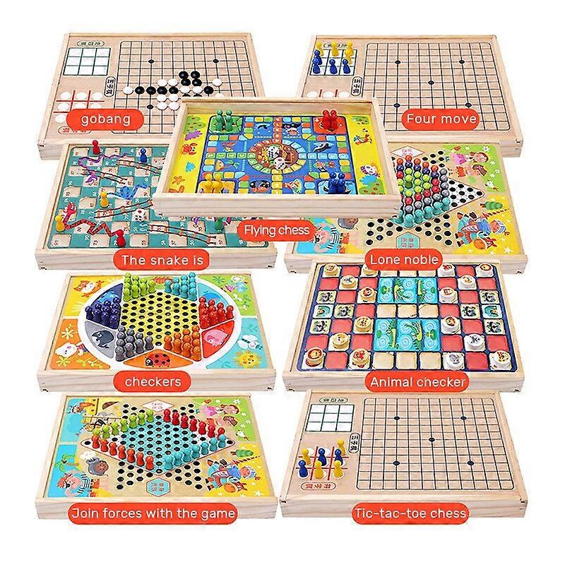 9 in 1 Mini Chess Game Checkerboard Wooden Flying Chess Chinese Checkers Flying Ludo Board Set Portable Wooden Tabletop Game Toy