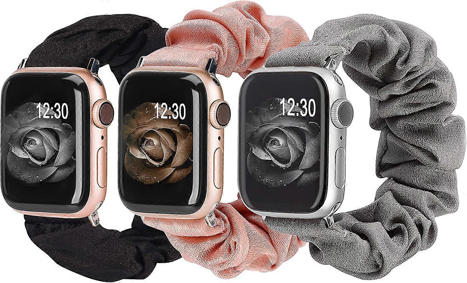 3 Packs Compatible with Apple Watch Band Scrunchies 38mm Cloth Soft Pattern Printed Fabric--38/40mm Large - Silver Connector