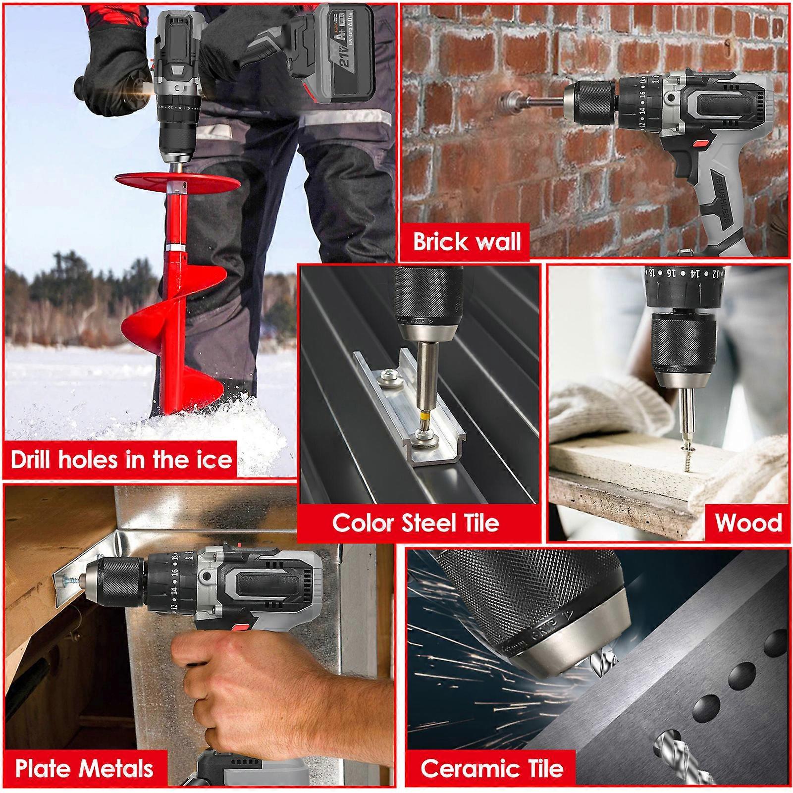 21V Cordless Drill Driver Batteries Max Torque 200N.m 20+3 Position 0-2150RMP Variable Speed Impact Hammer Drill Screwdriver With PlasticTool Box