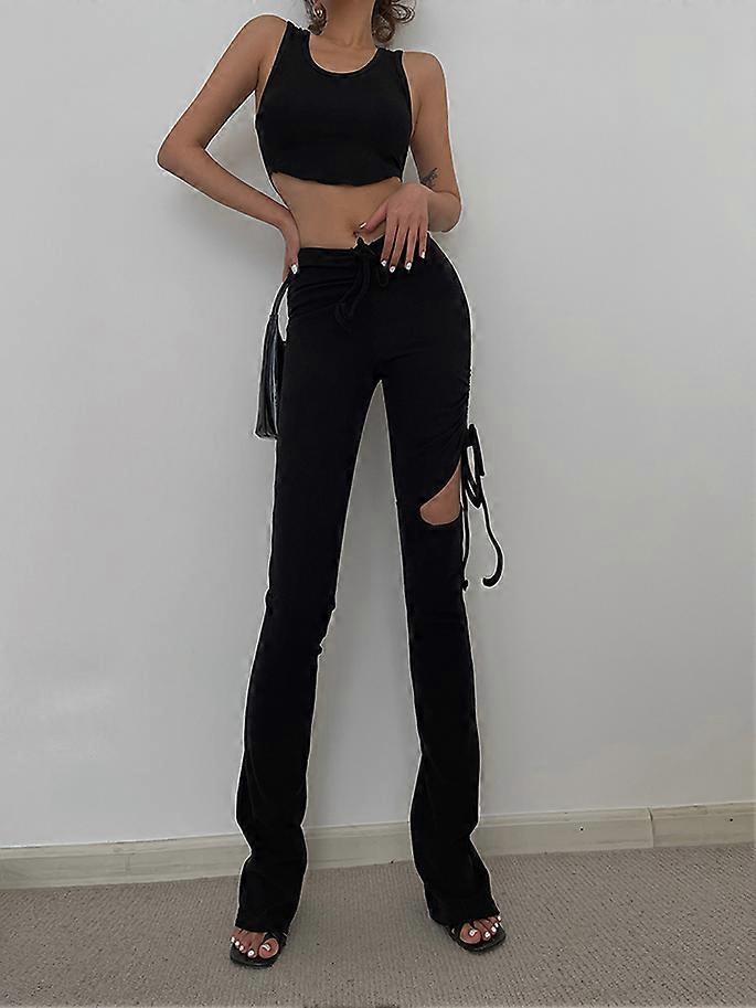 YOUGANG høy kvalitet amerikansk stil hot jente høy midje snøring hull bukser stretch stor slank ben lang klokke bukser sommer ny