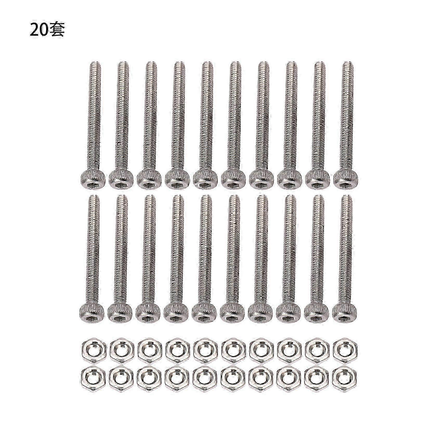 M2 x 20mm Long Hex Socket Knurled Cap Screws Nuts Set 20Pcs