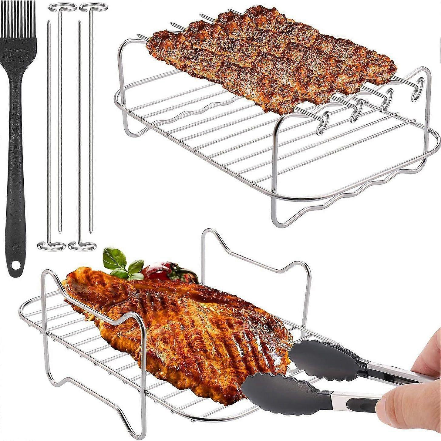 201 Stainless Steel Double Layer Grill Rack Steamer - Compatible with Air Fryers, Rectangular BBQ Rack Accessory Edition
