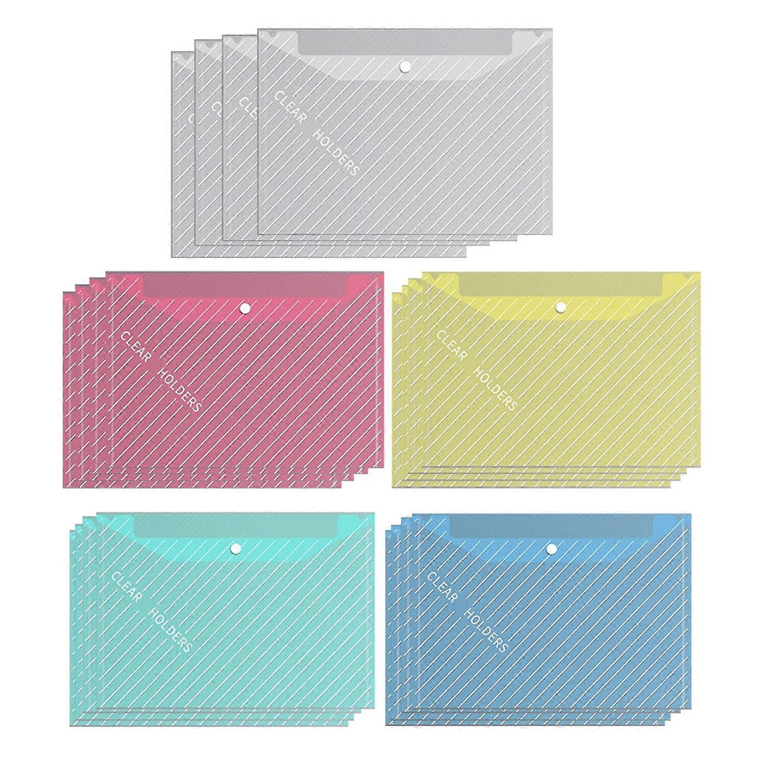 20Pcs Document Bag A4 Size Plastic Wrap Waterproof File Folders Translucent Snap Button Bright Color
