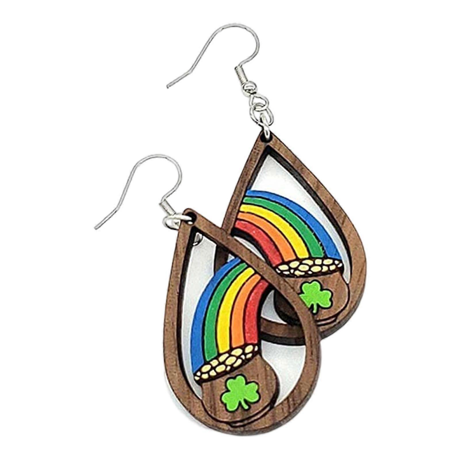 Patrick's Day Irish Shamrock Hat Shape Wooden Dangle Earrings