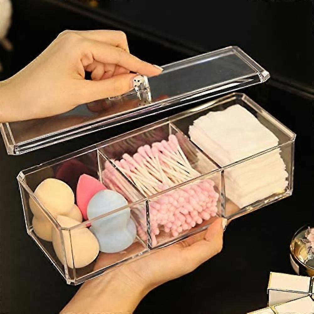 Rectangle Cotton Ball And Swab Holder Organizer With Lid, Dustproof,waterproof,clear Acrylic 3 Compartment Cotton Pad Container For Cotton Swabs, Q-ti
