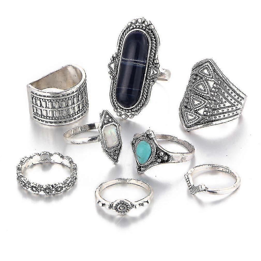 8pcs Bohemian Ring Set Carved Diamond Inlaid  Retro Finger Ring For Daily Use