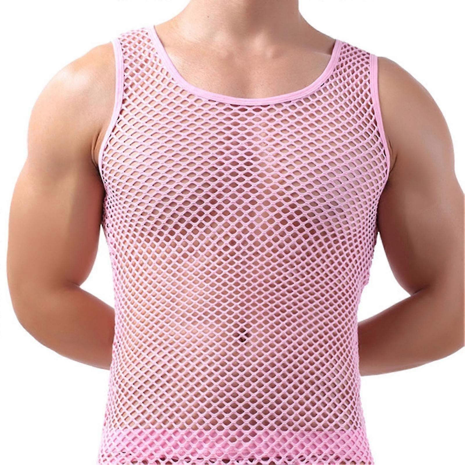 Men Undershirt Mesh See-through Sleepwear Fish Net Pure Color Vest For Sleeping