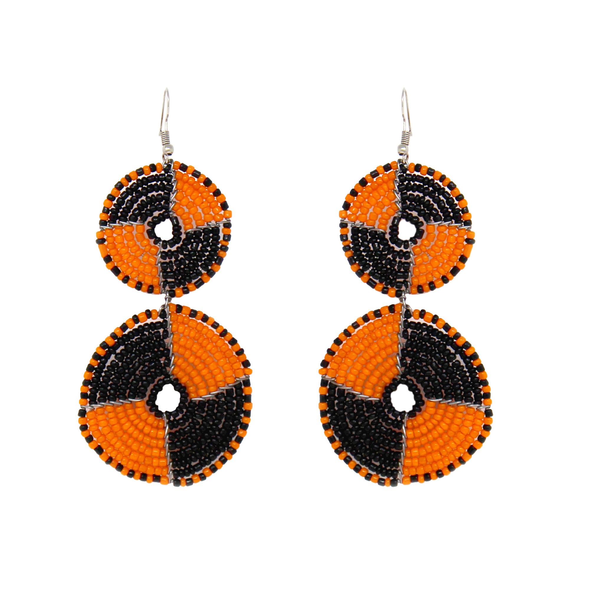 Maasai Bead Double Circle Dangle Earrings Mango Orange and Black