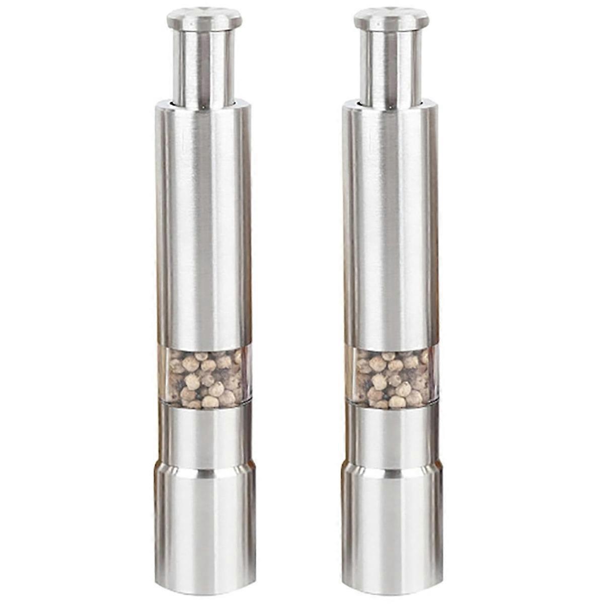 2PCS Manual Salt and Pepper Grinder Set Stainless Steel Push Button Grinder Thumb Grinder for Black