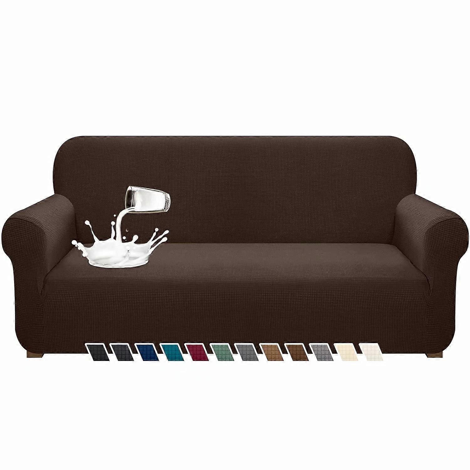 Waterproof Sofa Cover for 3 Cushion Couch, Large Chocolate Stretch Slipcover with Non-Slip Elastic Band, Pet Proof Protector