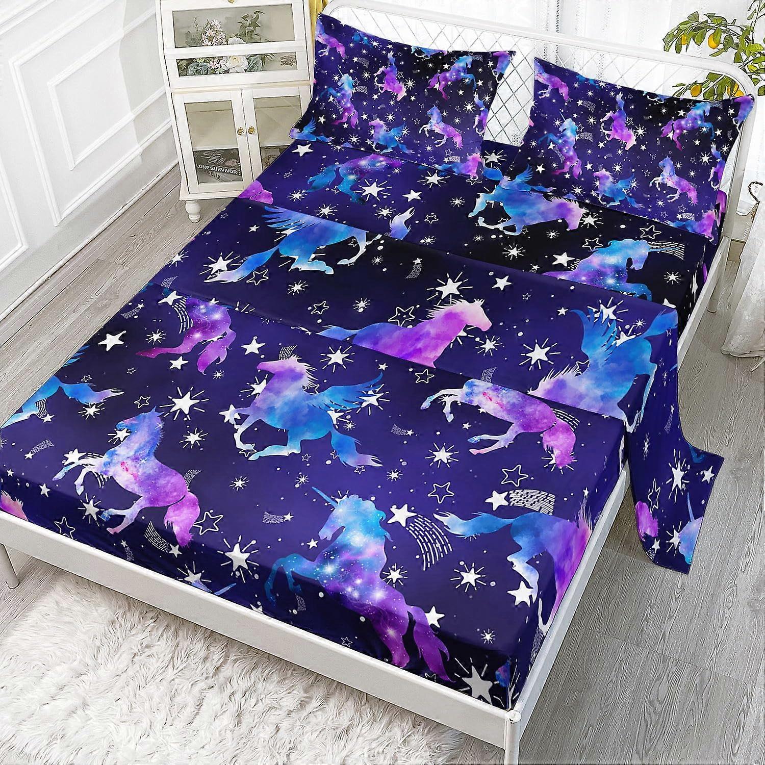4 Piece Colorful Unicorn Star Theme Printed Sheets Set for Kids Full Size