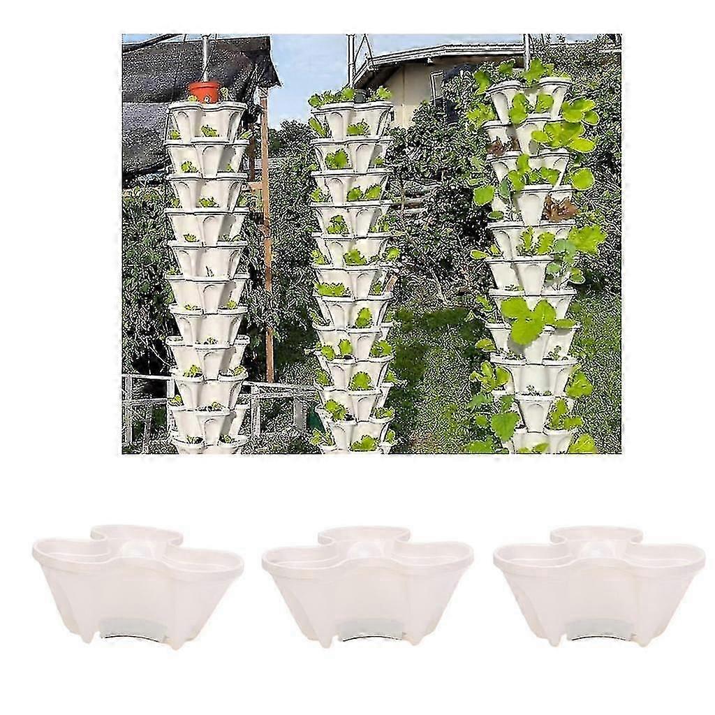 3x White Vertical 3 Tier Stackable Strawberry Tomato Planter Container Set