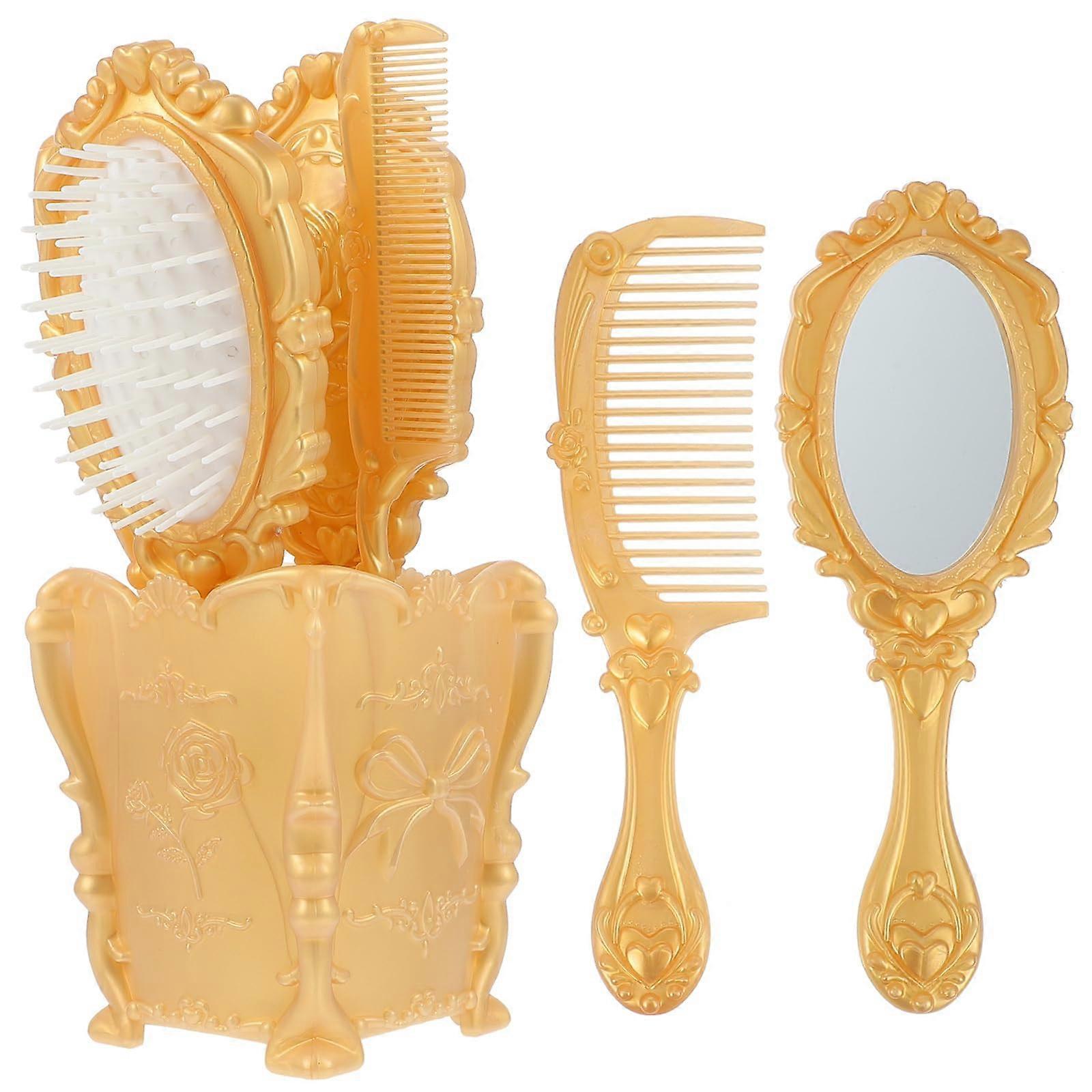 Vanity Set Comb Brush Mirror: Hand Mirror Comb Set Brush, Comb, Mirror Set with Storage Holder for Women Girl Creative (Golden)