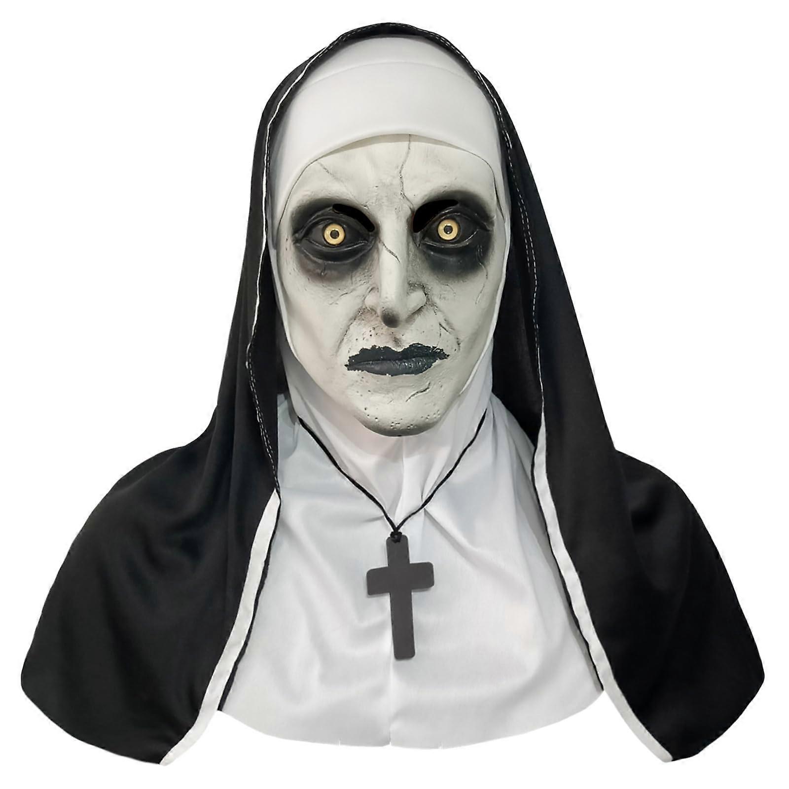 Nun Costume Mask Realistic Latex Mask With Headgear And Cross Necklace 2023 Version For Halloween Night ShutMouth