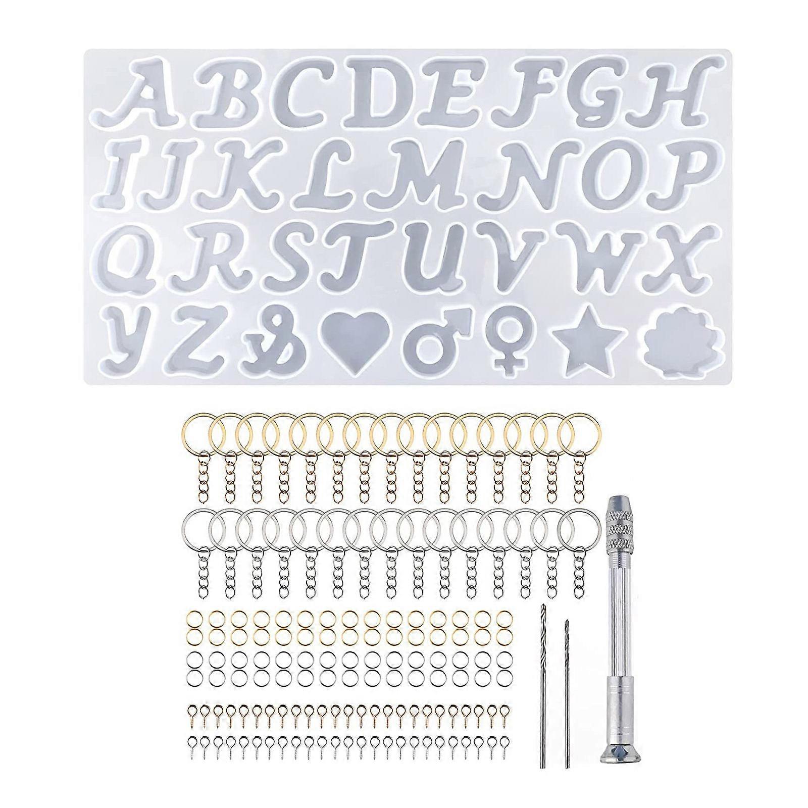Alphabet Epoxy Resin Keychain Mold Kit Letter Epoxy Resin Casting Molds Keychain Accessories Set for w/ Hand Drill,Screw Multicolor