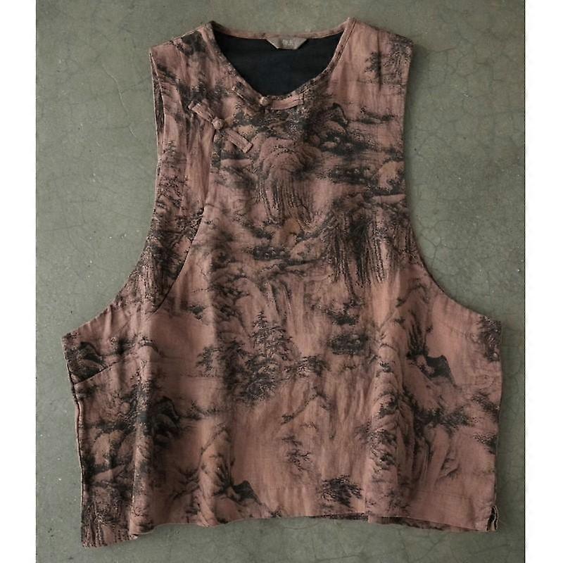 Johnature Women Vintage Linen Print Vests Sleeveless Coats Spring Button Chinese Style Women Vests