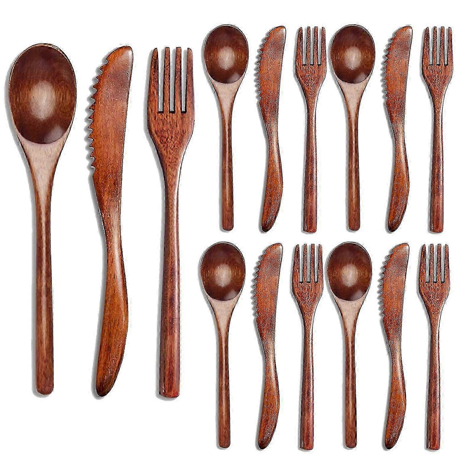 15 pcs ensemble de couverts en bois réutilisables avec cuillère fourchette couteau pour la cuisine Manger Vaisselle écologique