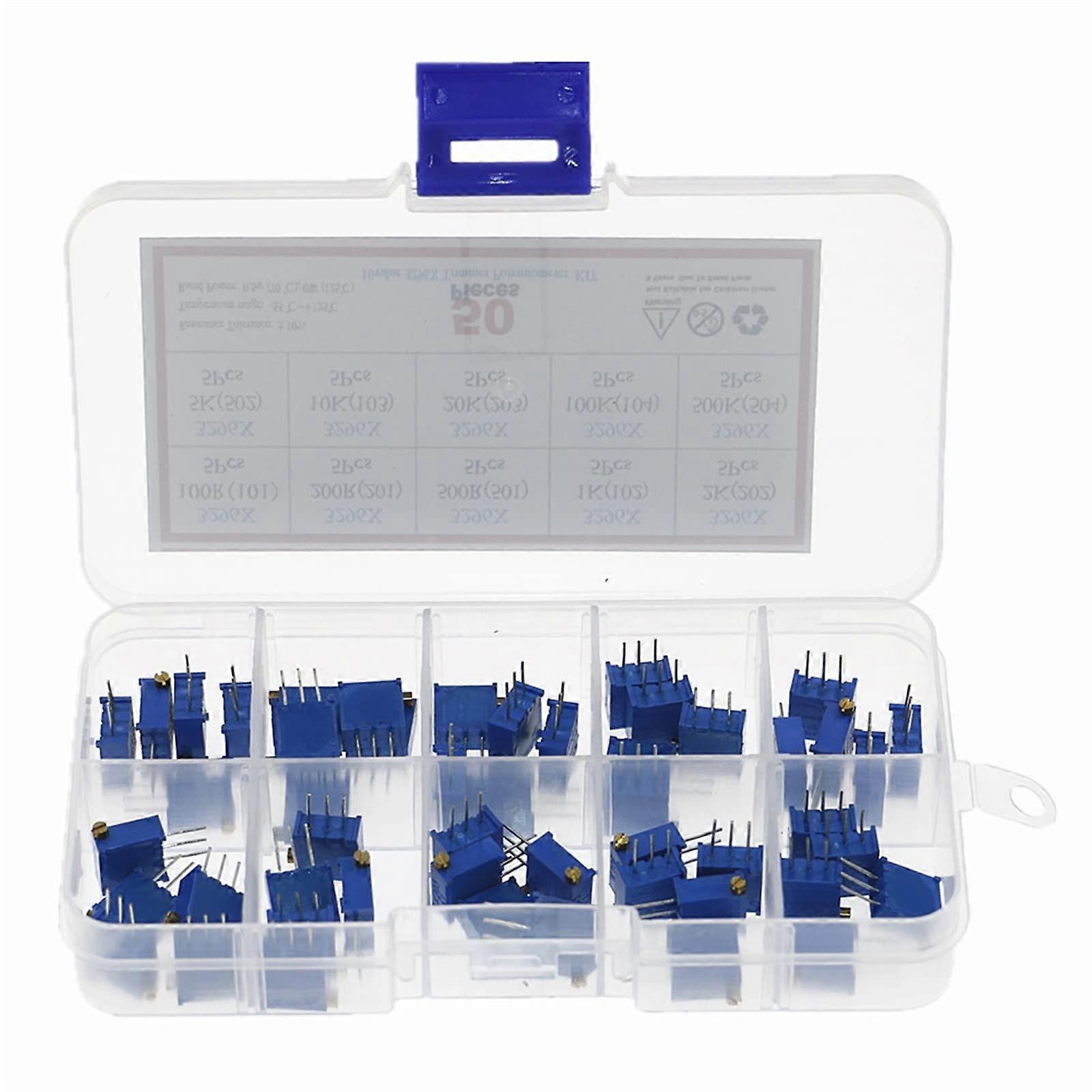 50 pieces 3296X series 100R 500R 1K 2K 5K 10K 20K 50K 100K 500K multiturn potentiometer variable resistors with box set
