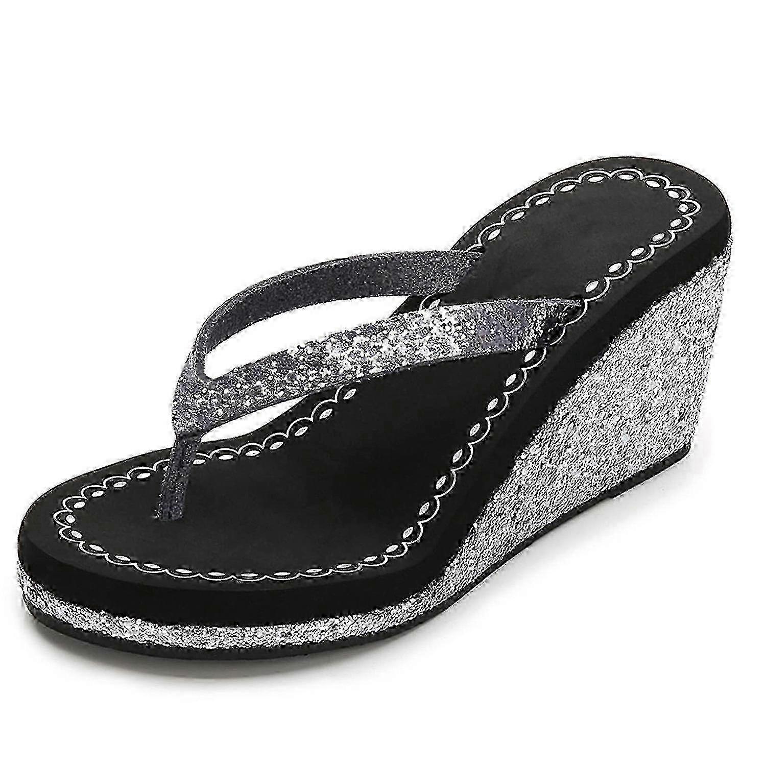 Womens Wedge Platform Flip Flop Open Toe High Heel Flipflops Non-Slip Soft Rhinestones Glitter Gem