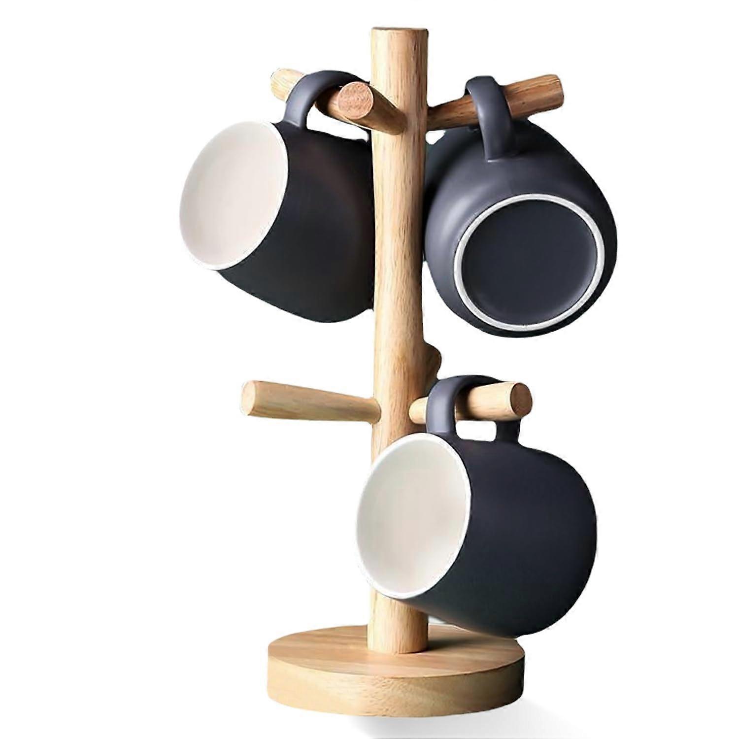 Wooden Cup Holder with 6 Removable Hooks for Kitchen Counter