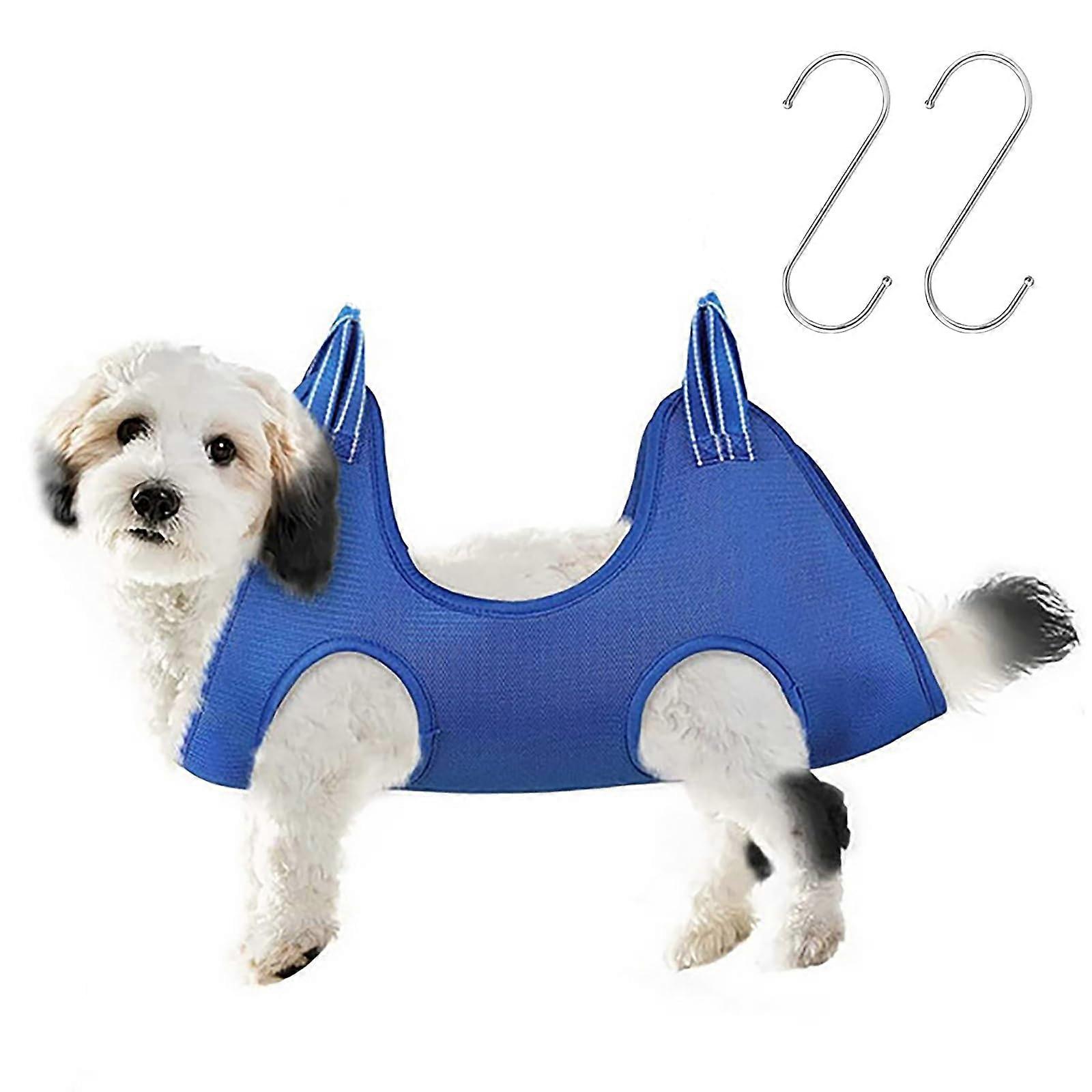 Dog Grooming Hammock Harness with 2 Hooks for Dogs and Cats, Blue, Max 18 lbs