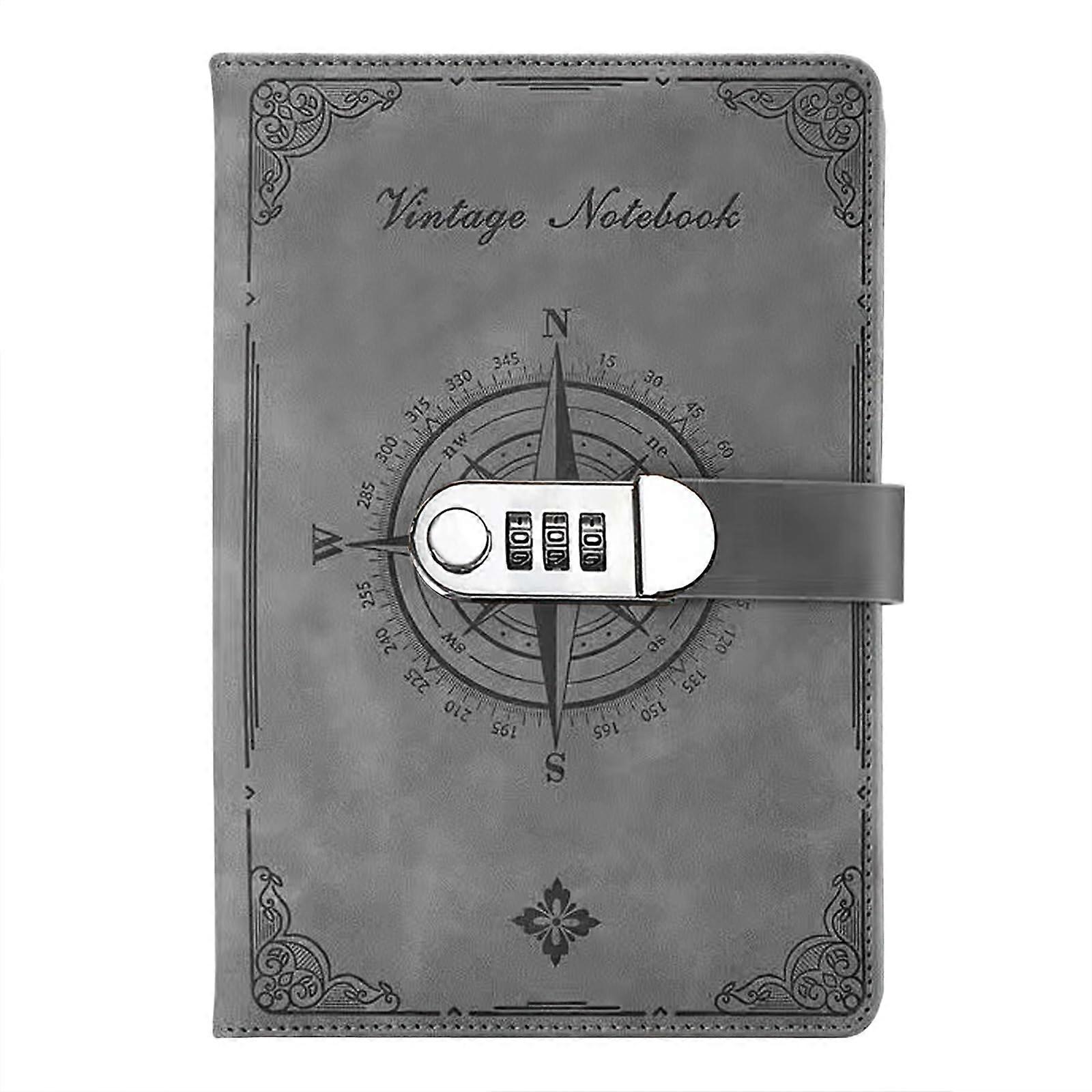Reisetagebuch Retro PU Leather Notebook with Lock, Classic Compass Design, 22 x 15CM Gray Journal for Office School Students