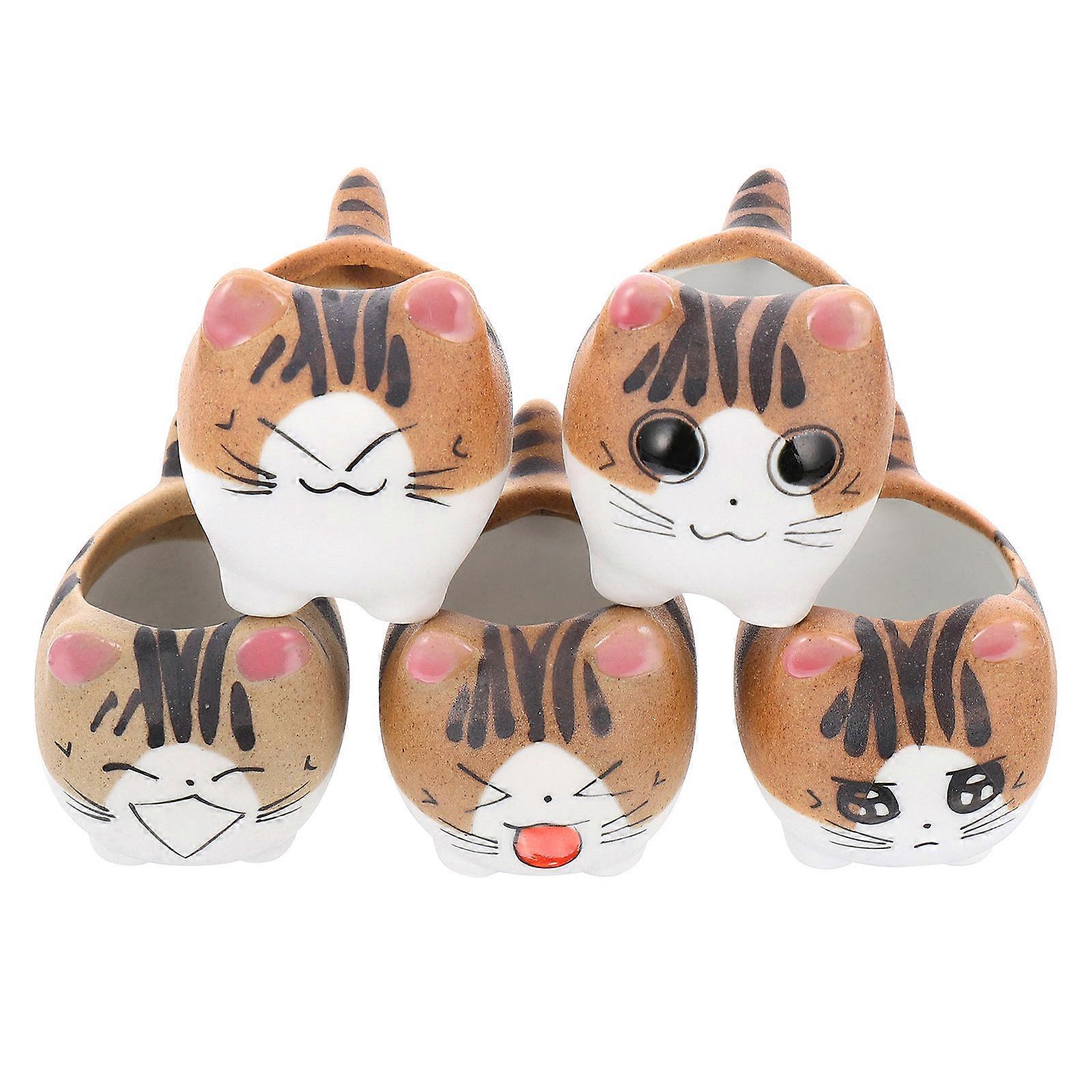 5pcs Mini Ceramic Cat Shaped Succulent Planter for Indoor Use Light Brown