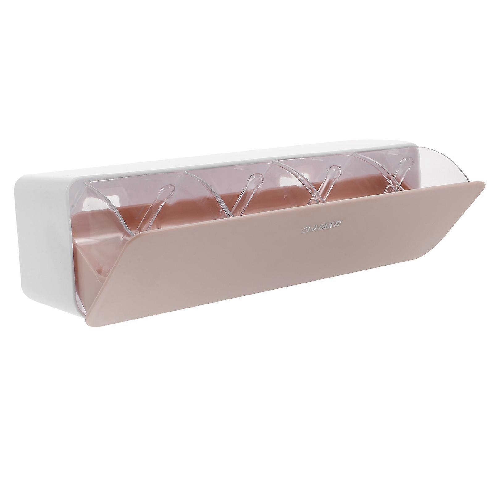 Kitchen Storage Box with 4 Grids for Salt Sugar Plastic Beige Condiment Jars with Lids for Spice