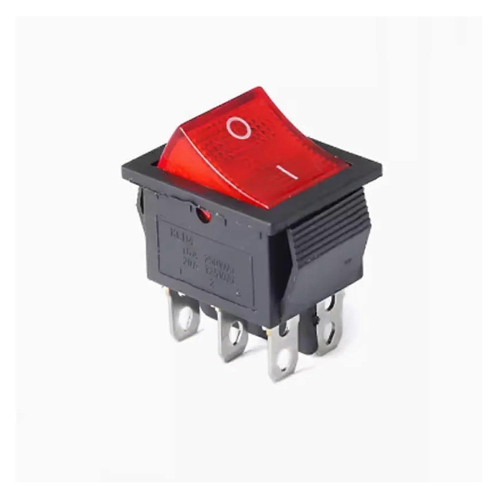 KCD4 Rocker Switch 6P2T ON-OFF-ON, Red Illuminated Light, 16A 250VAC / 125V, One Size