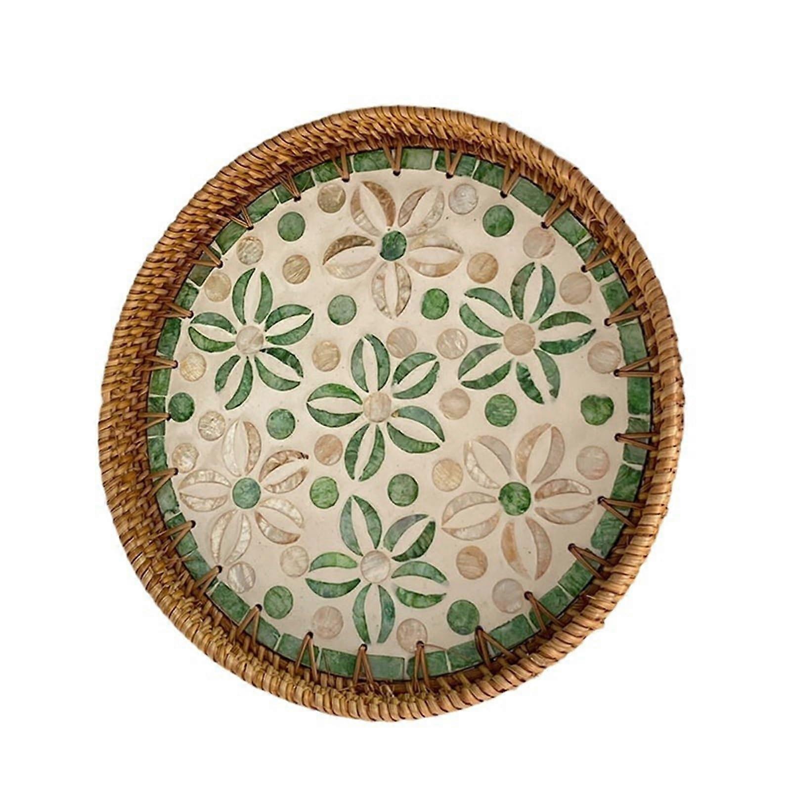 KorbTablett, Woven round decorative tray for storage and serving at home, Green, 24 x 3–28 x 4 cm (24x3cm) 24x3cm Green