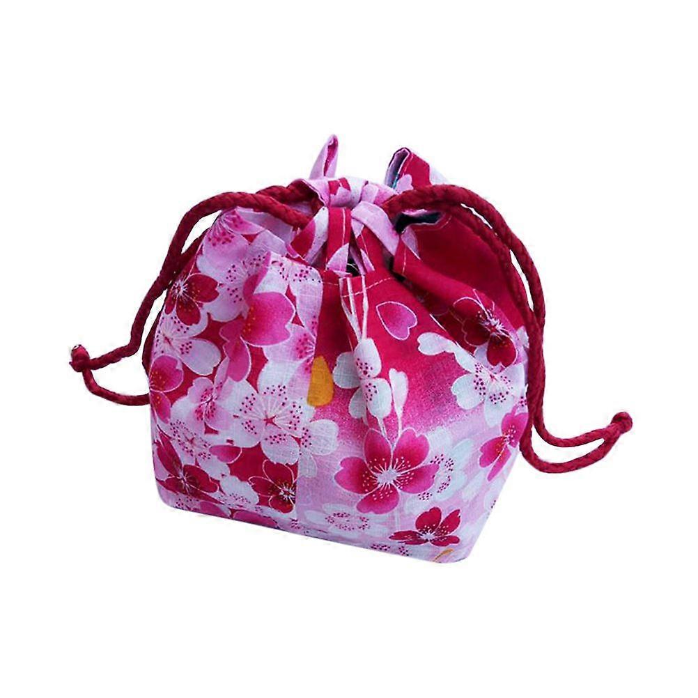 Japanese Style Drawstring Bag Portable Lightweight Cherry Blossom Pattern Drawstring Pouch Coin Purse Cosmetic Bag (Rosy)