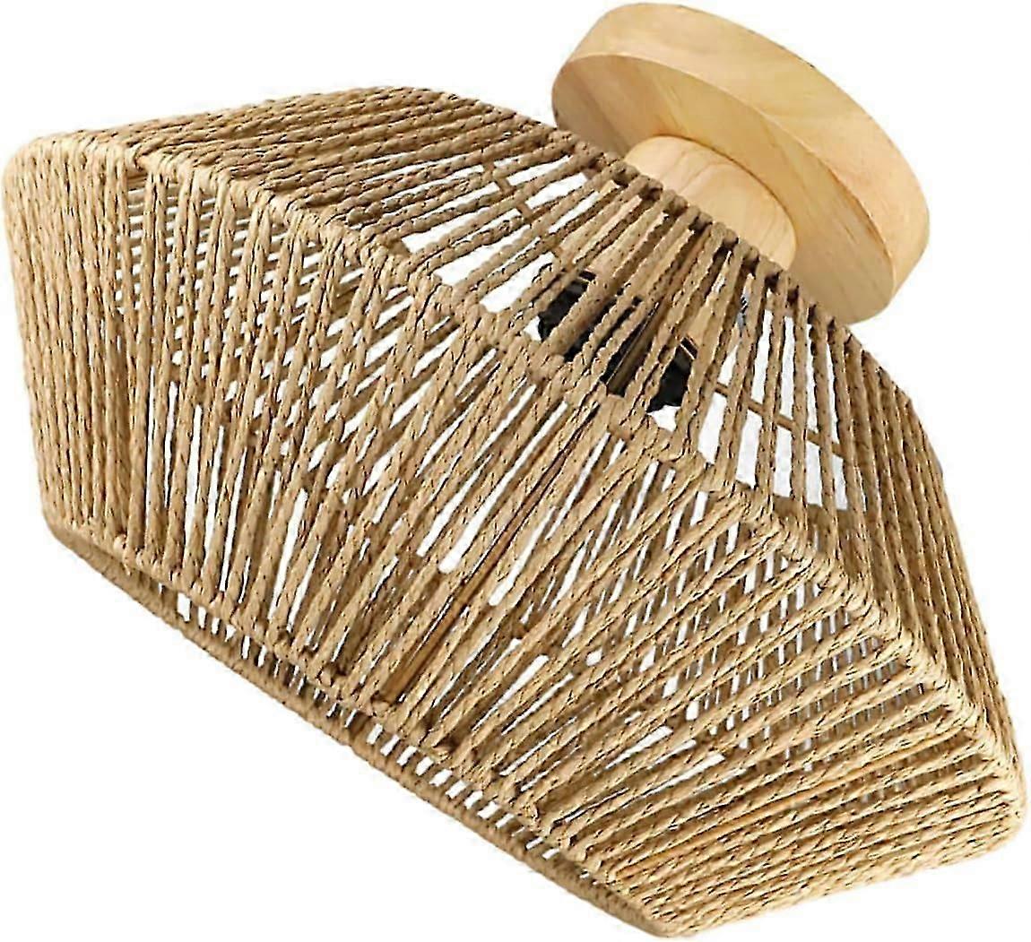 Boho Semi Flush Mount Light, Rattan Straw Rope Ceiling Fixture, Bathroom Lighting