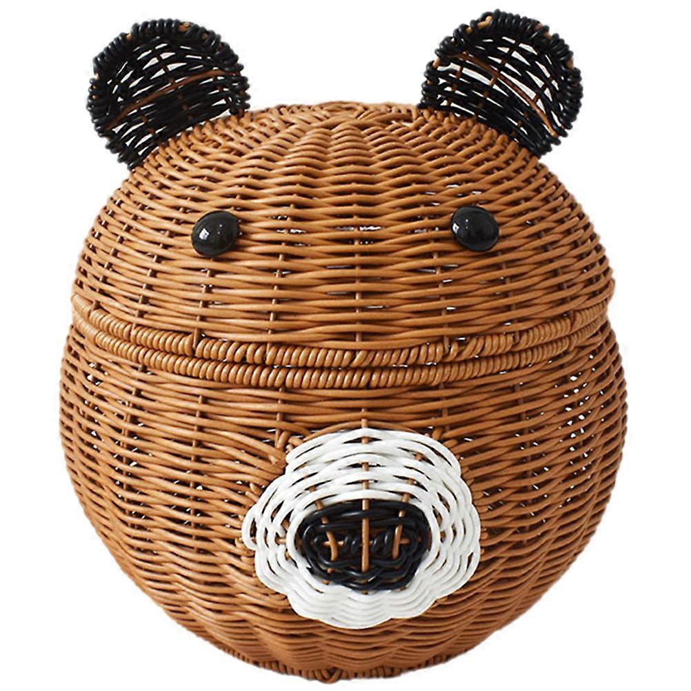 Imitation Rattan Lidded Basket for Home Use Light Brown PP Material Cartoon Bear Design 6.3x4.7x5.9 Inches