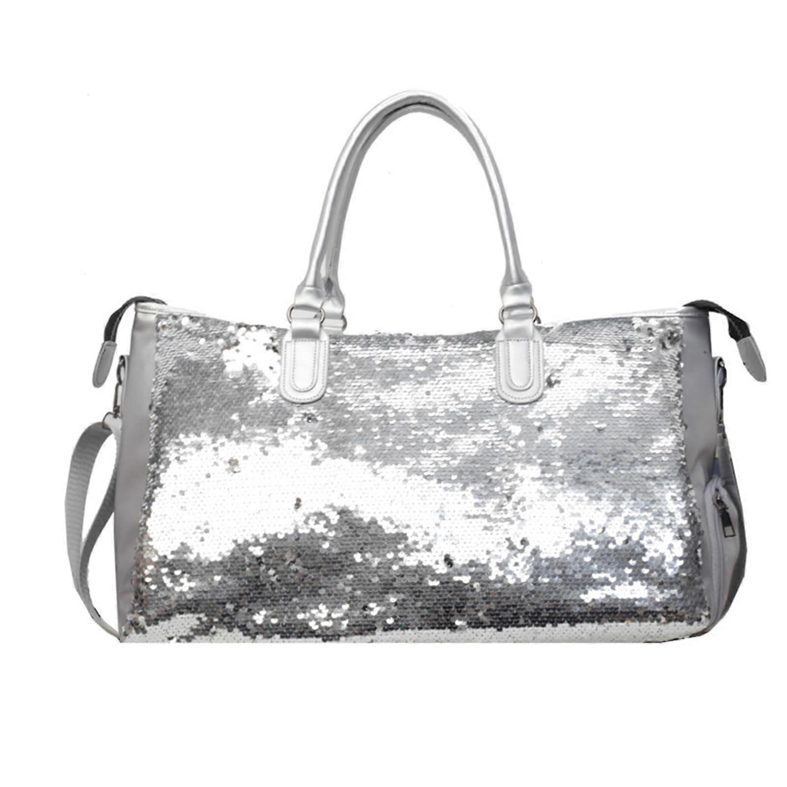 Sequins Shoulder Bag Travel Gym Bag Large Capacity Overnight Bag With Shoe Compartment Silver