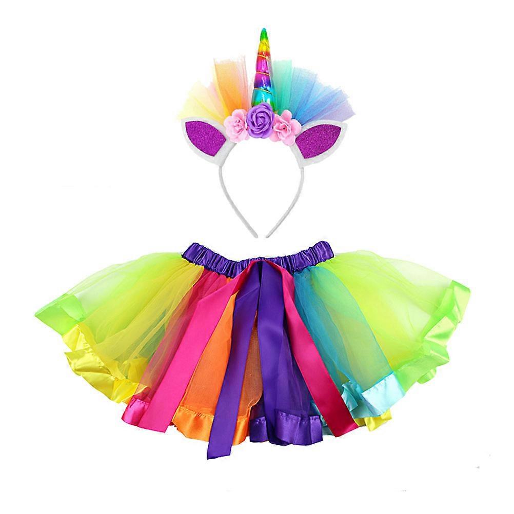 Girl Rainbow Bubble Skirt Set for Party with Unicorn Hair Band 1Set