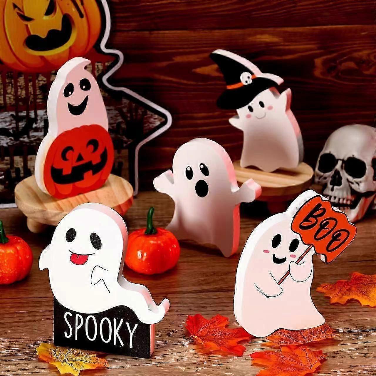 5 Pieces Halloween Cute Ghost Decor Halloween Tiered Tray Decoration,Halloween Fall Table Centerpieces Ghost Sign for Halloween Party