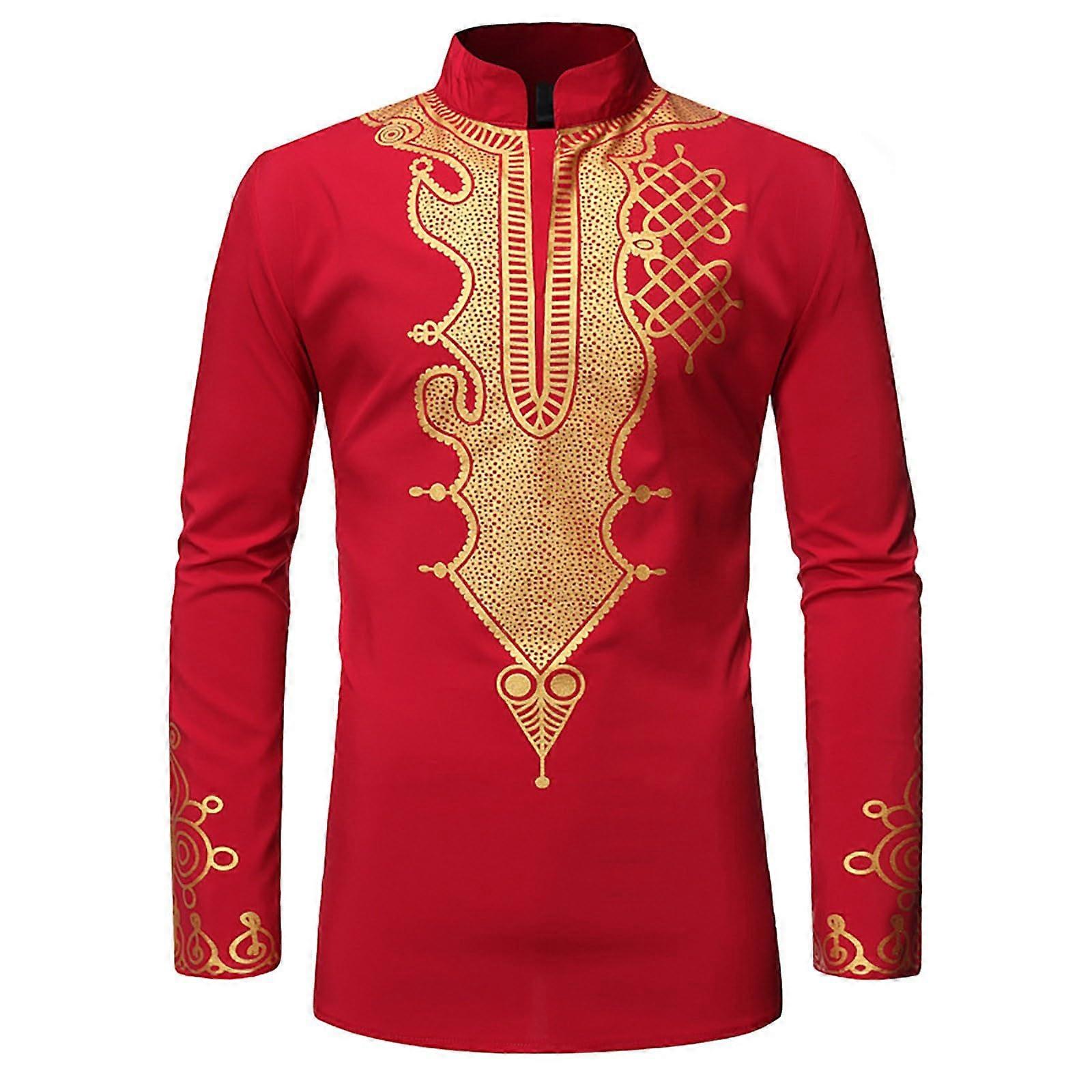 Dashiki Shirt Men's African Traditional Pattern Ethnic Print Long Sleeve StandUp Collar Lightweight Red XL