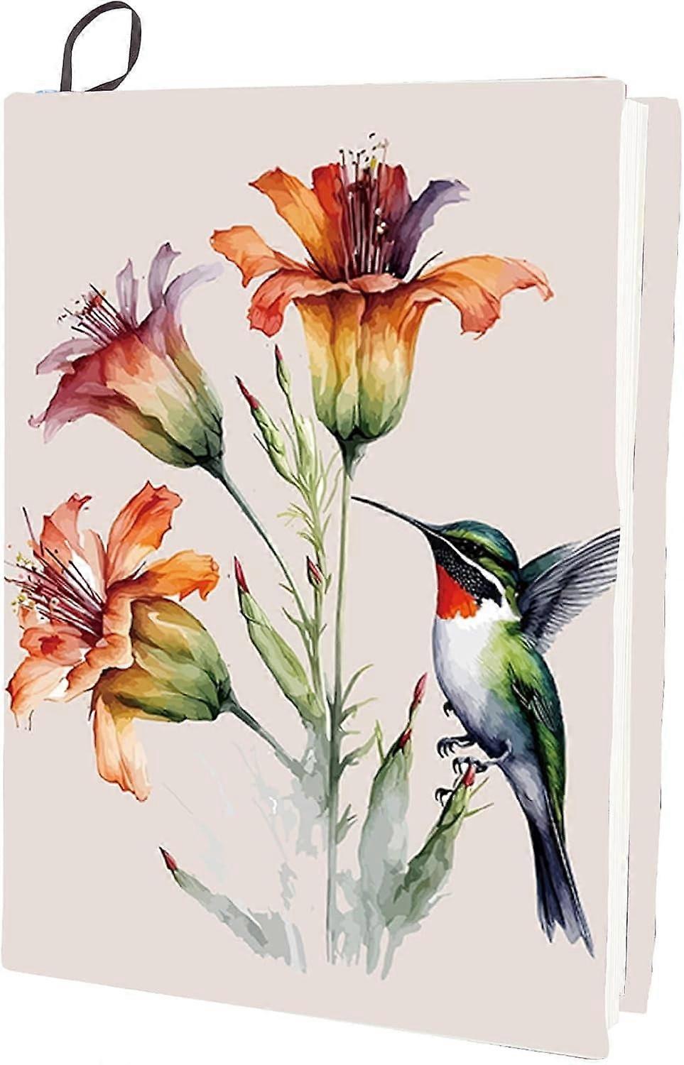 Floral Stretchable Book Cover, Humming Bird Flower, Washable Reusable Nylon-Polyester Protector 9.4x15.7 Inch, Elastic Notebook Wrap Compatible with