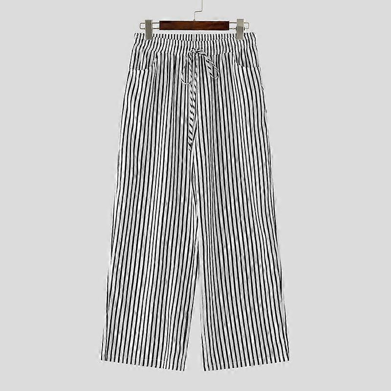 INCERUN Men Drawstring Elastic Waist Casual Striped Long Wide Legs Pants Trousers