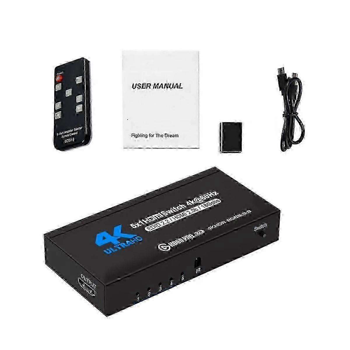 New 5-Port HDMI 2.0 Switcher 4K@60Hz, HDCP2.2, Infrared Remote Control for TV, Projector, and Gaming Console