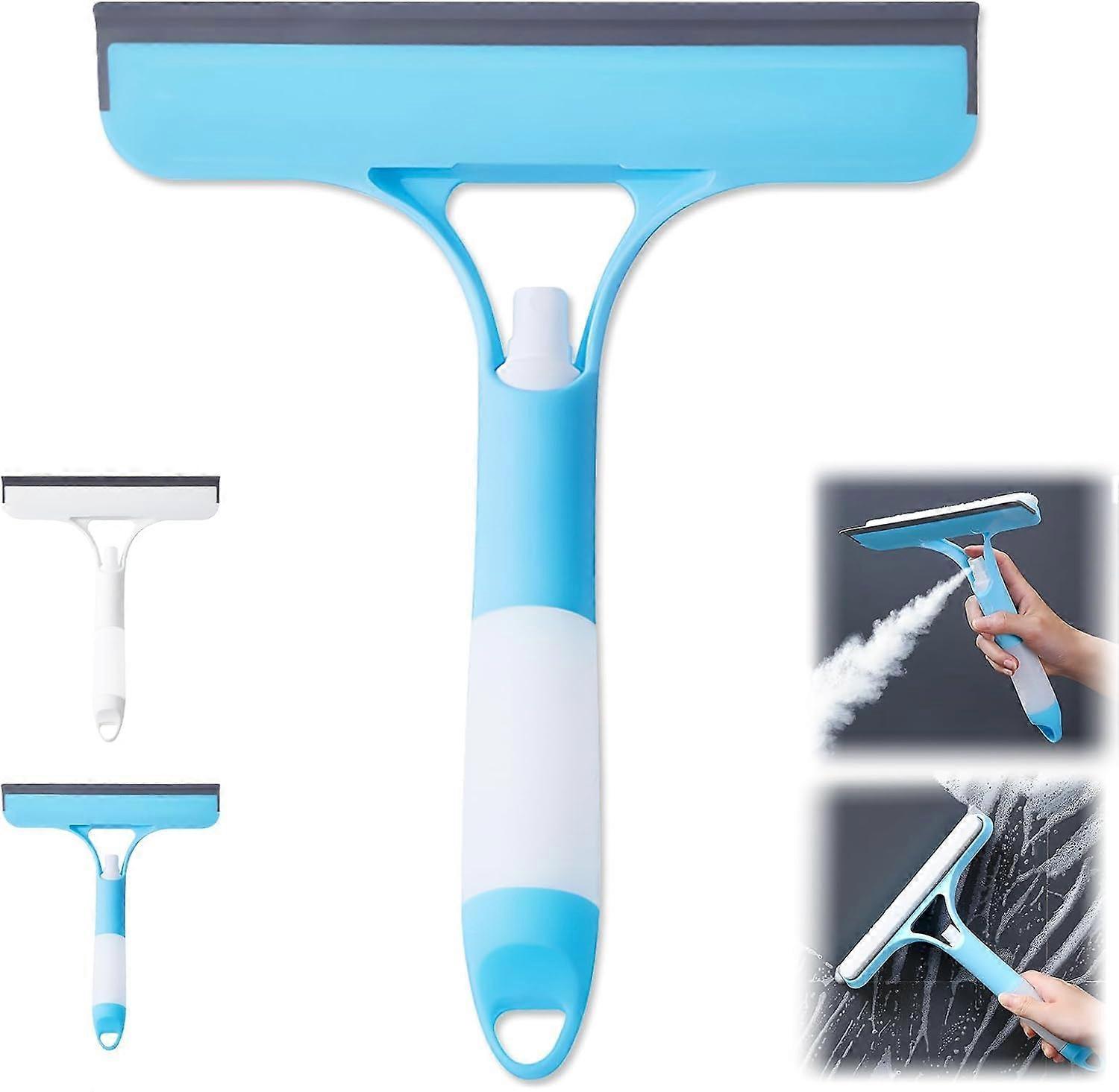 Window Cleaning Squeegee with Spray Bottle and Sponge, Streak Glass Scraper for Shower, Mirrors, Tiles, Blue, 2 Hooks