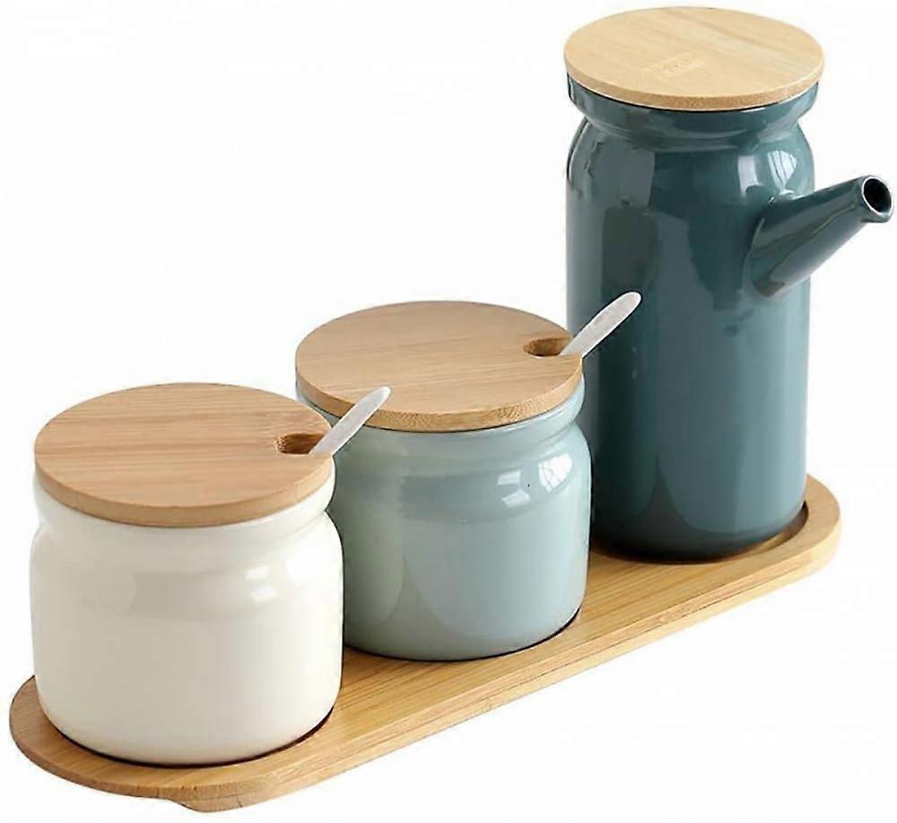 Ceramic Spice Jars Set with Spoons, Countertop Kitchen Spice Rack, Salt Sugar Containers Organizer